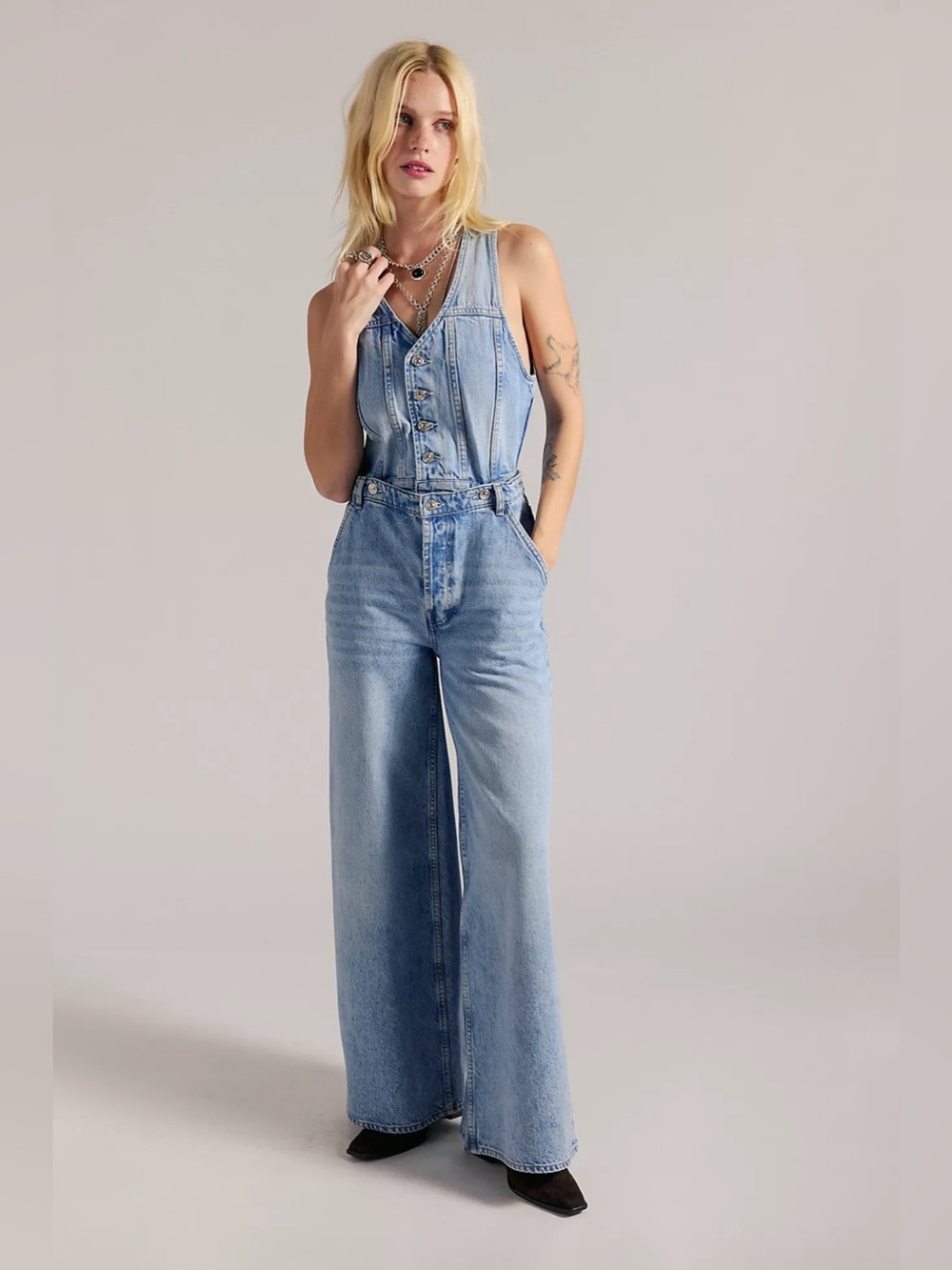 NWT Free People Better Together Convertible Denim Vest Jumpsuit